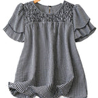 KRISTEL™ – Vintage Flowy Checkered Puff Sleeve Blouse
